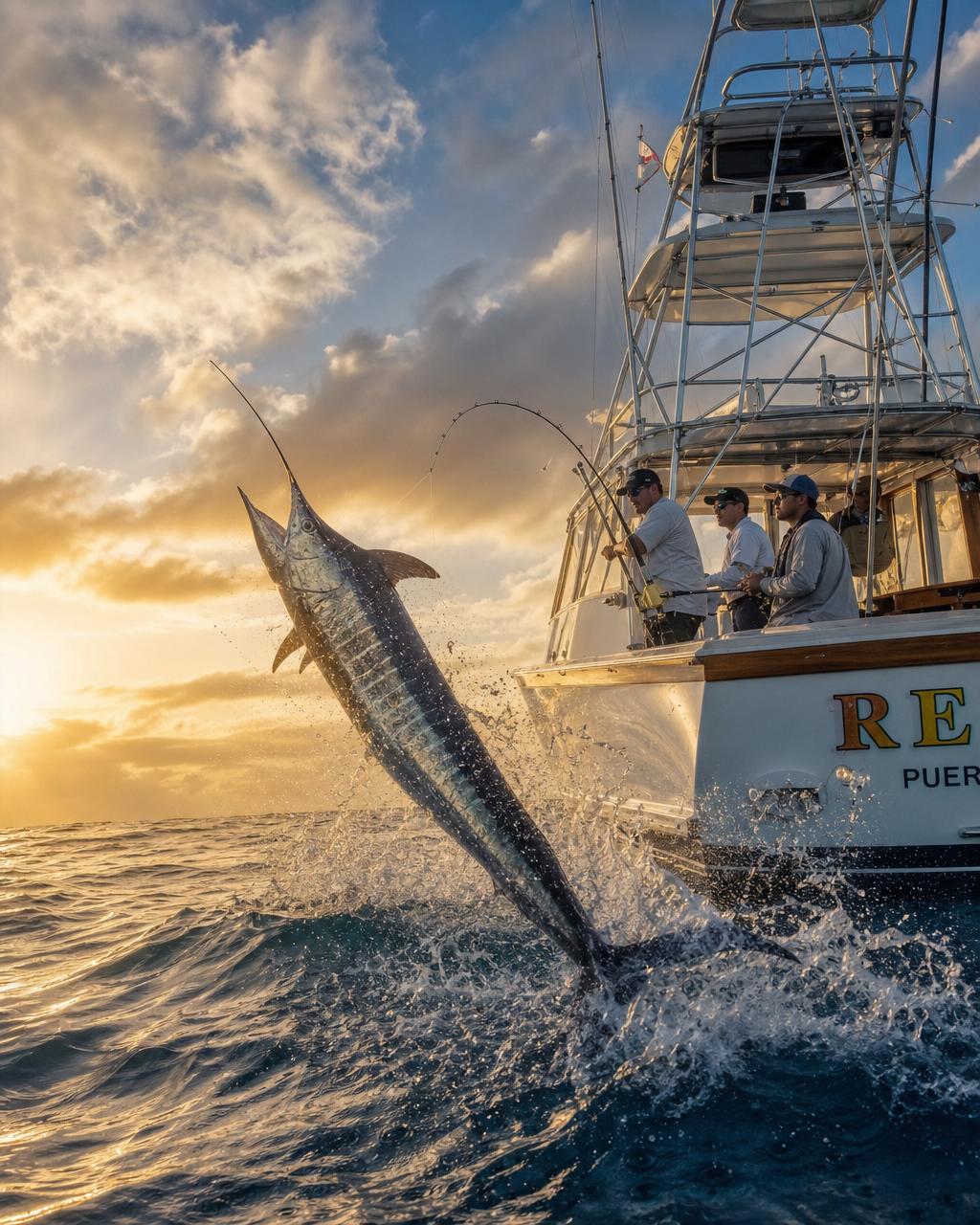 Offshore sportfishing boat with a blue marlin leaping at golden hour