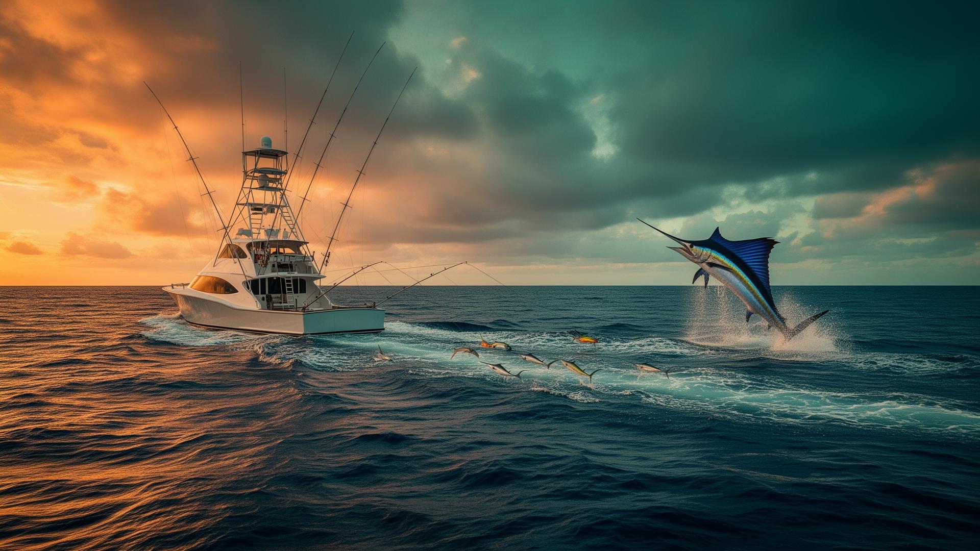 Charter captain at the helm of a sportfishing boat at golden hour