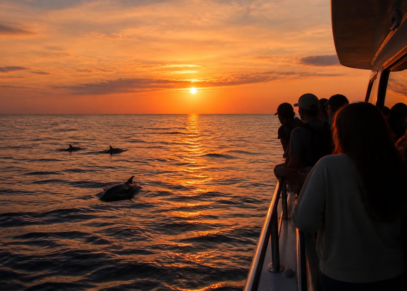 Guests at the rail of a sunset dolphin cruise watching dolphins surface