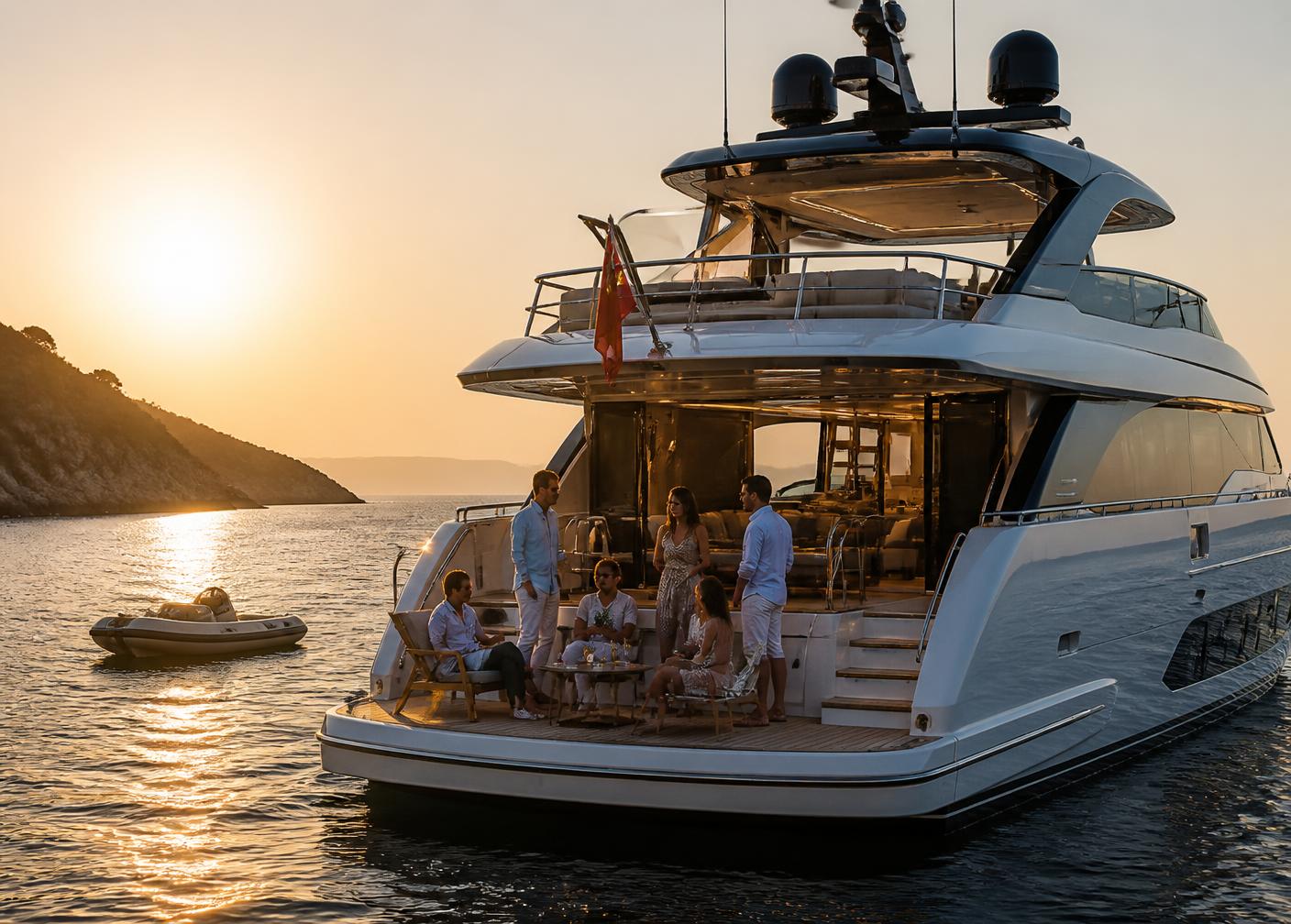 Luxury charter yacht anchored at golden hour with guests on the aft deck