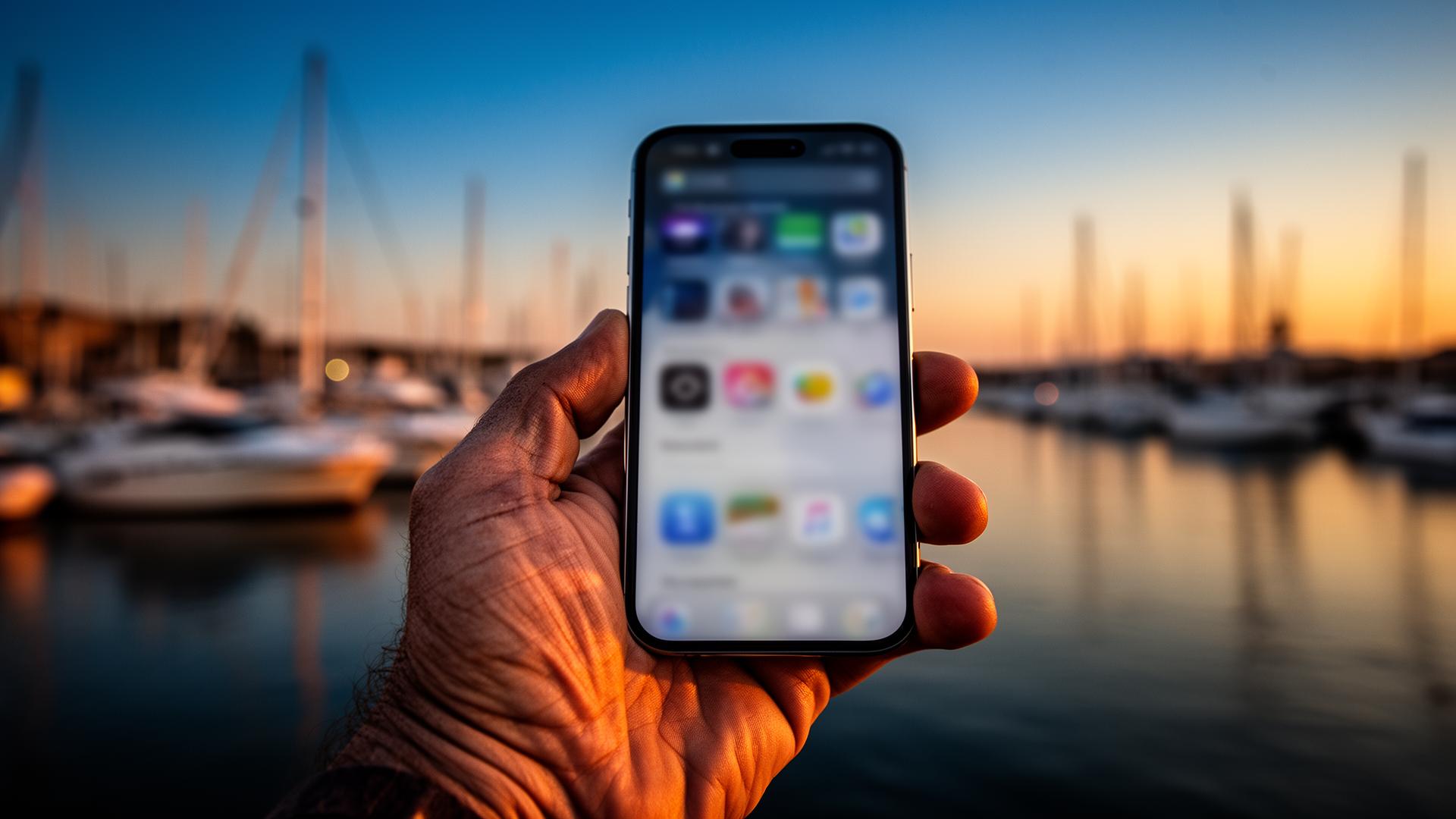 Operator holding a phone at a marina at golden hour