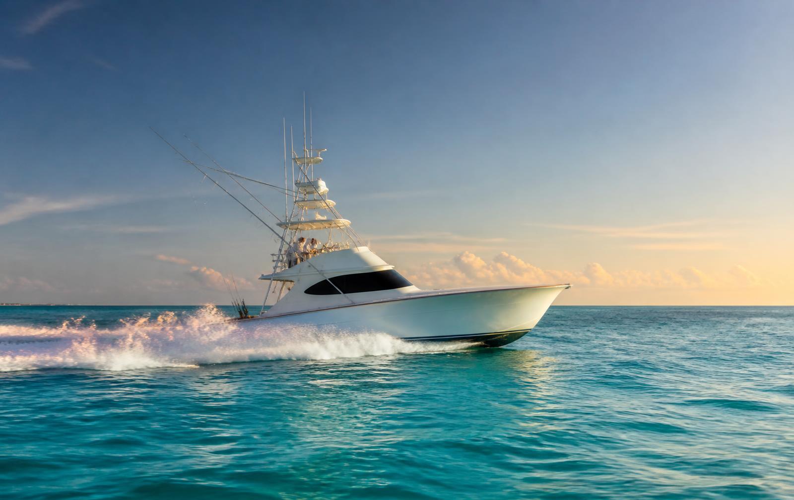 Offshore sportfishing charter boat running across clear Gulf water at sunrise