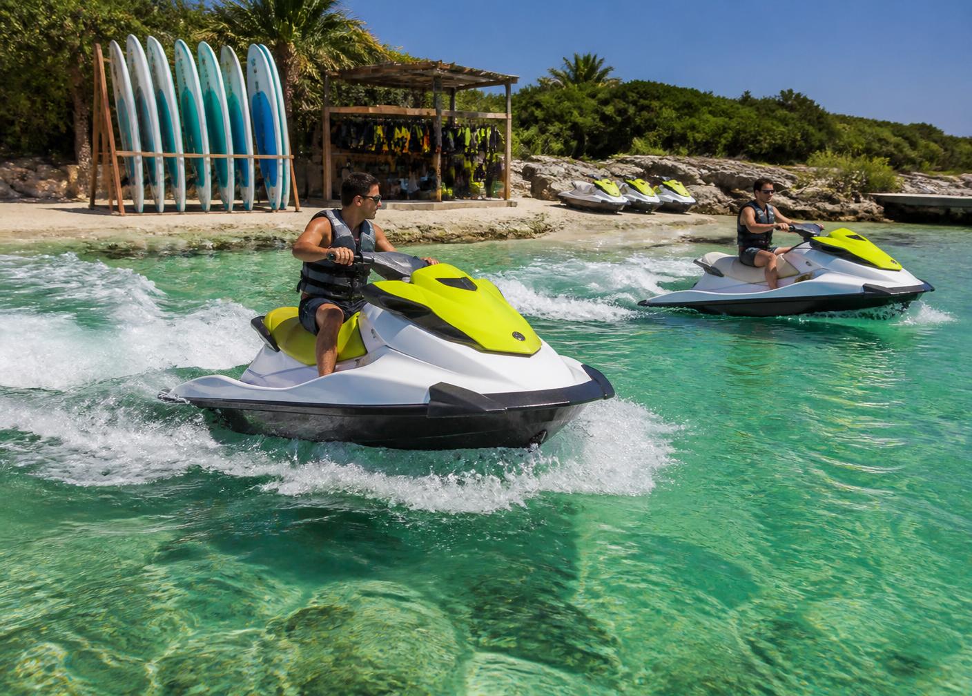 Riders on rental jet skis beside a beach watersports stand with paddleboards