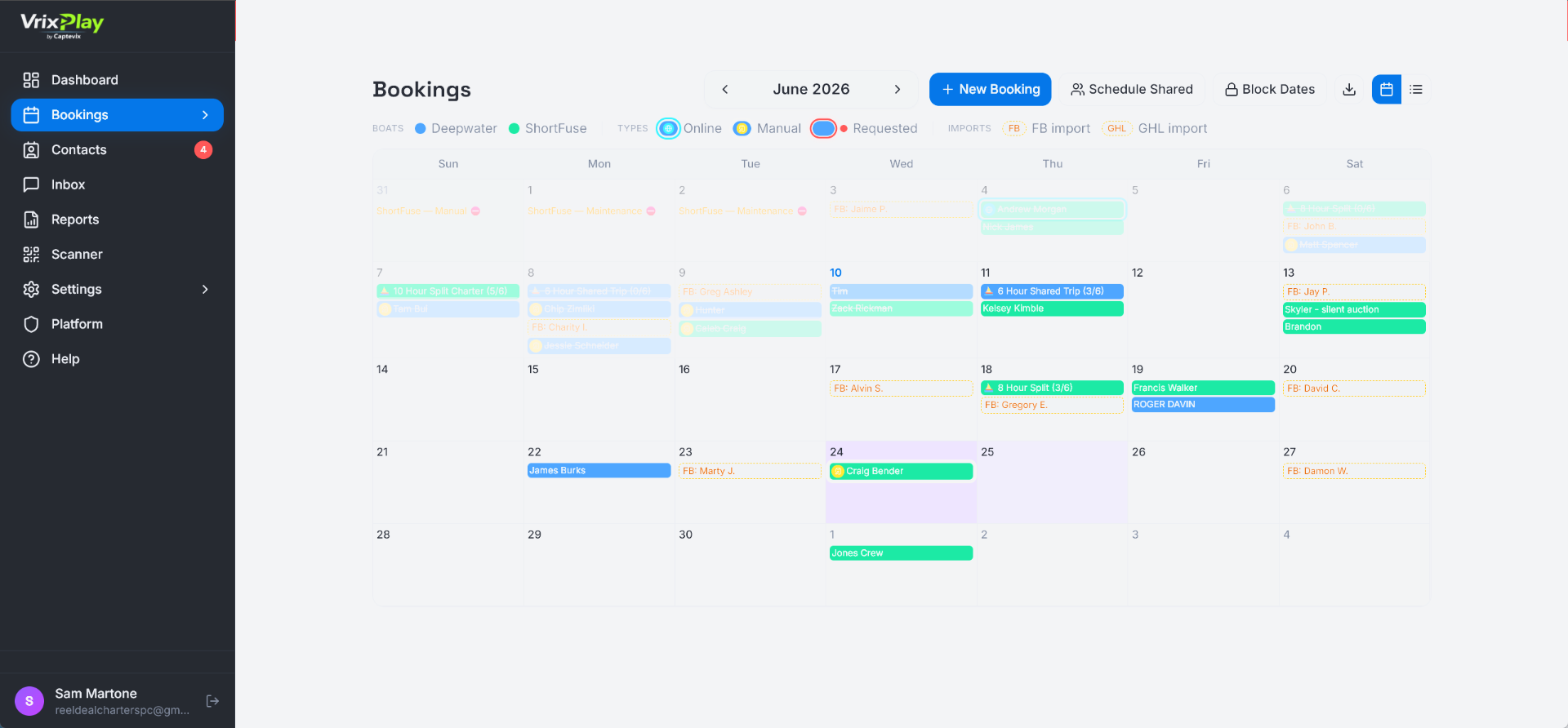 VrixPlay bookings calendar dashboard